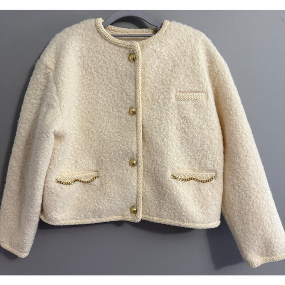 NWT Future Collective Cream Boucle Jacket Gold Buttons Chain Trim Jacket S - Picture 1 of 7